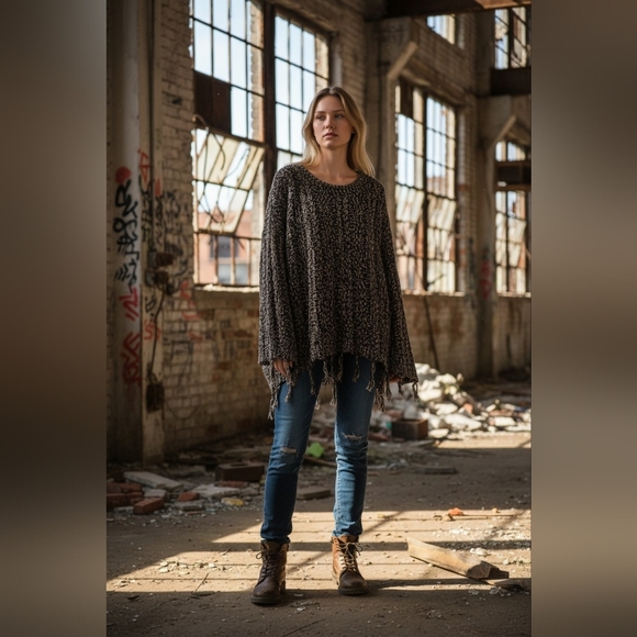 Umgee Tops - Womens Umgee Frayed Black and Cream Textured Sweater Med New